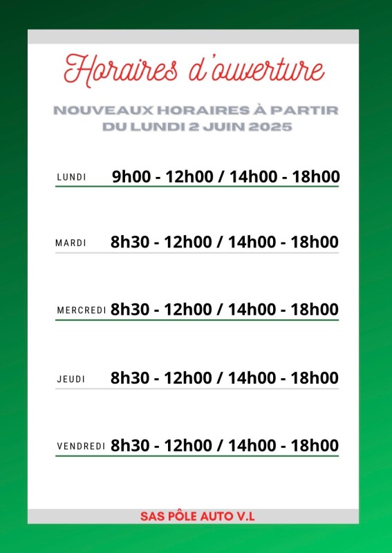 Nouvelles horaires à partir du lundi 2 juin 2025